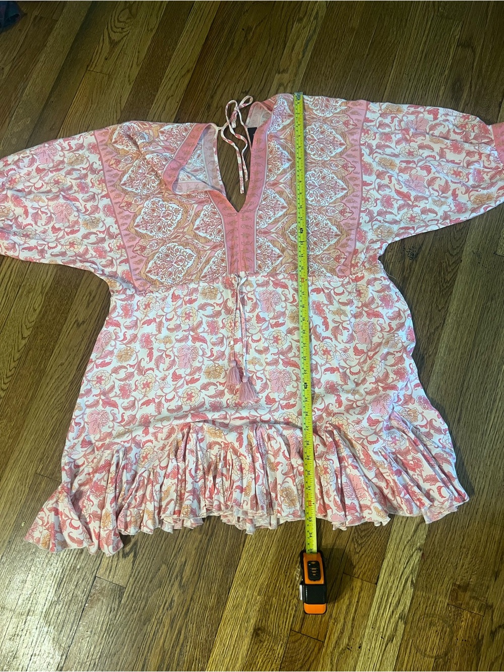 Aakaa Pink Coral Paisley V-Neck Drawstring Mini Dress - Picture 9 of 11
